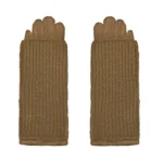 Beige gebreide vingerloze handschoenen.